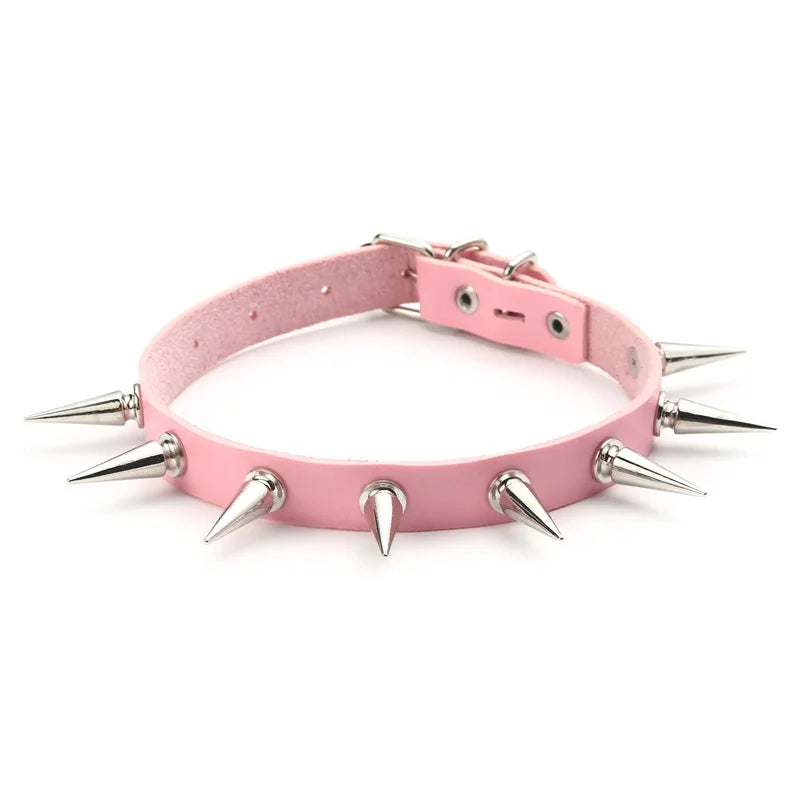Collier_BDSM_Bondage_cuir_pique_rose