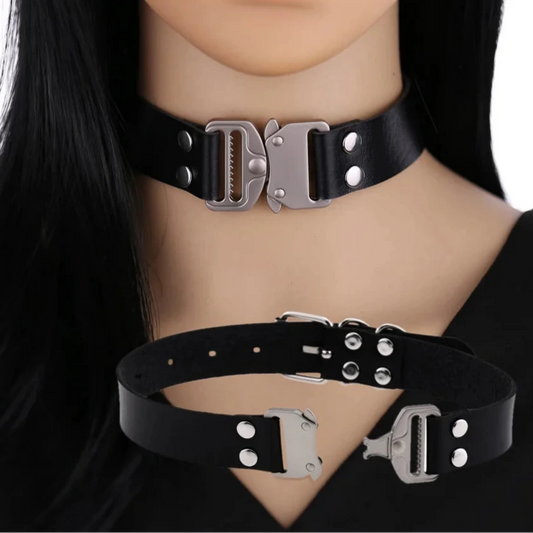 Choker en Cuir PU avec Boucle Tactique – Accessoire gothique