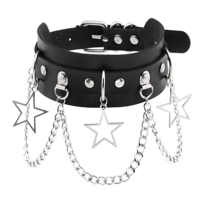Collier BDSM Bondage Gothique Chaine Etoile Cuir Noir