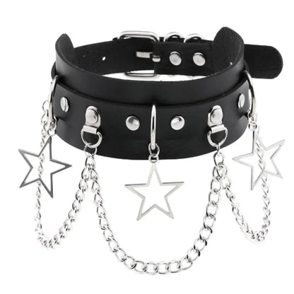 Collier BDSM Bondage Gothique Chaine Etoile Cuir Noir
