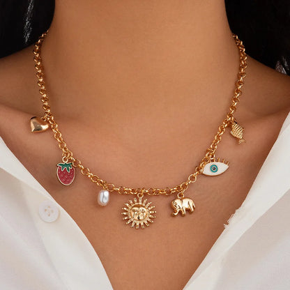 Collier Breloque Acier Inoxydable Femme Soleil Elephant Coeur Ete